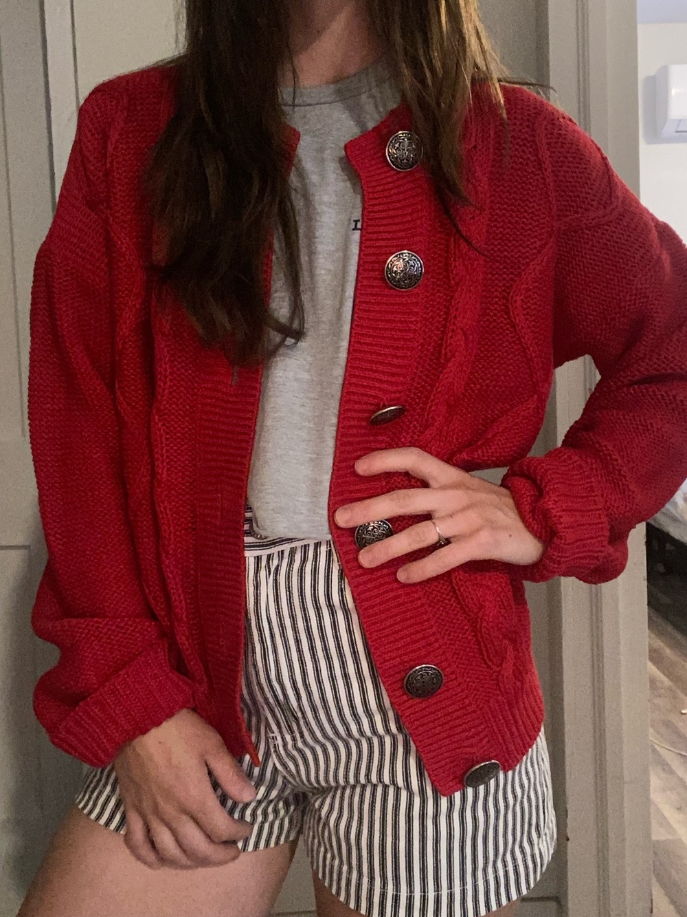 Vintage Hunters Run Red Cable-Knit Button Cardigan